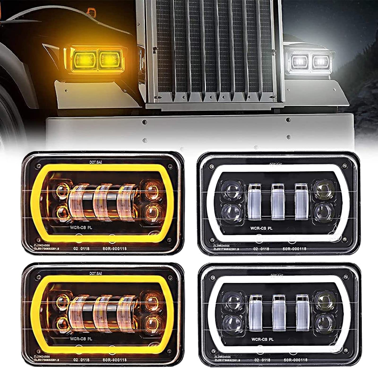 4Pcs 4×6 led headlights with White Yellow Halo Ring High Low Sealed Beam H465…