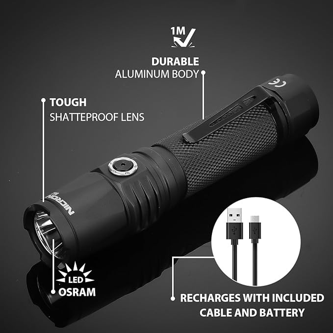 NICRON 1000 Lumen Rechargeable Tactical Flashlight with Type C Cable for Camping
