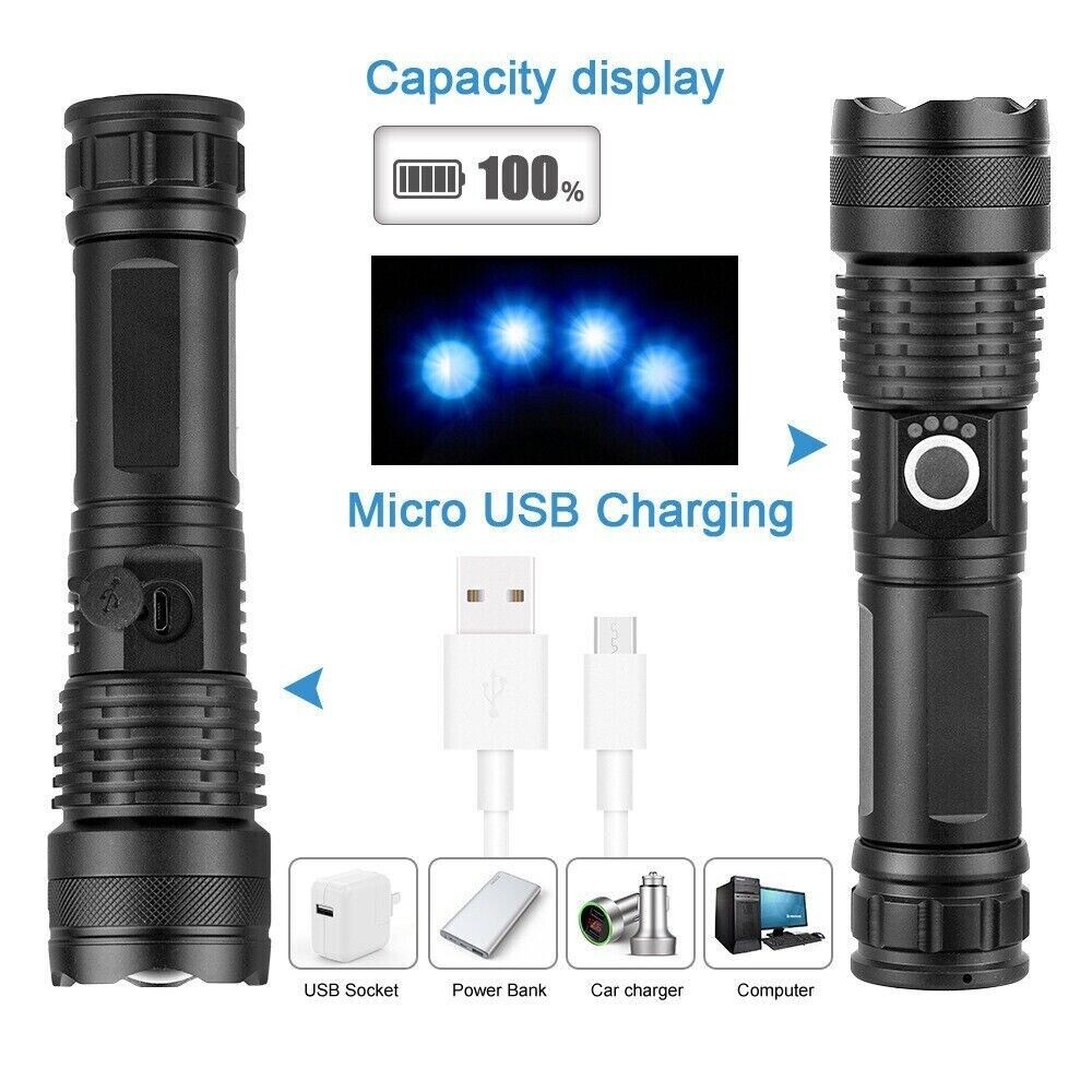 990000LM High Lumens Flashlight Super Bright Rechargeable Zoom Torch Waterproof