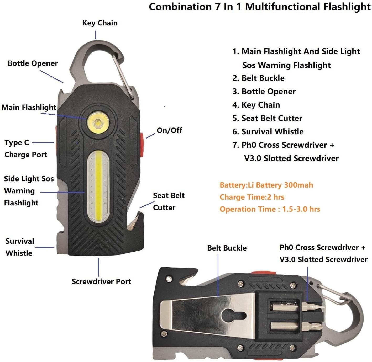 Multifunctional Flashlight 7 In1 Cob Keychain Bright Work Light Rechargeable