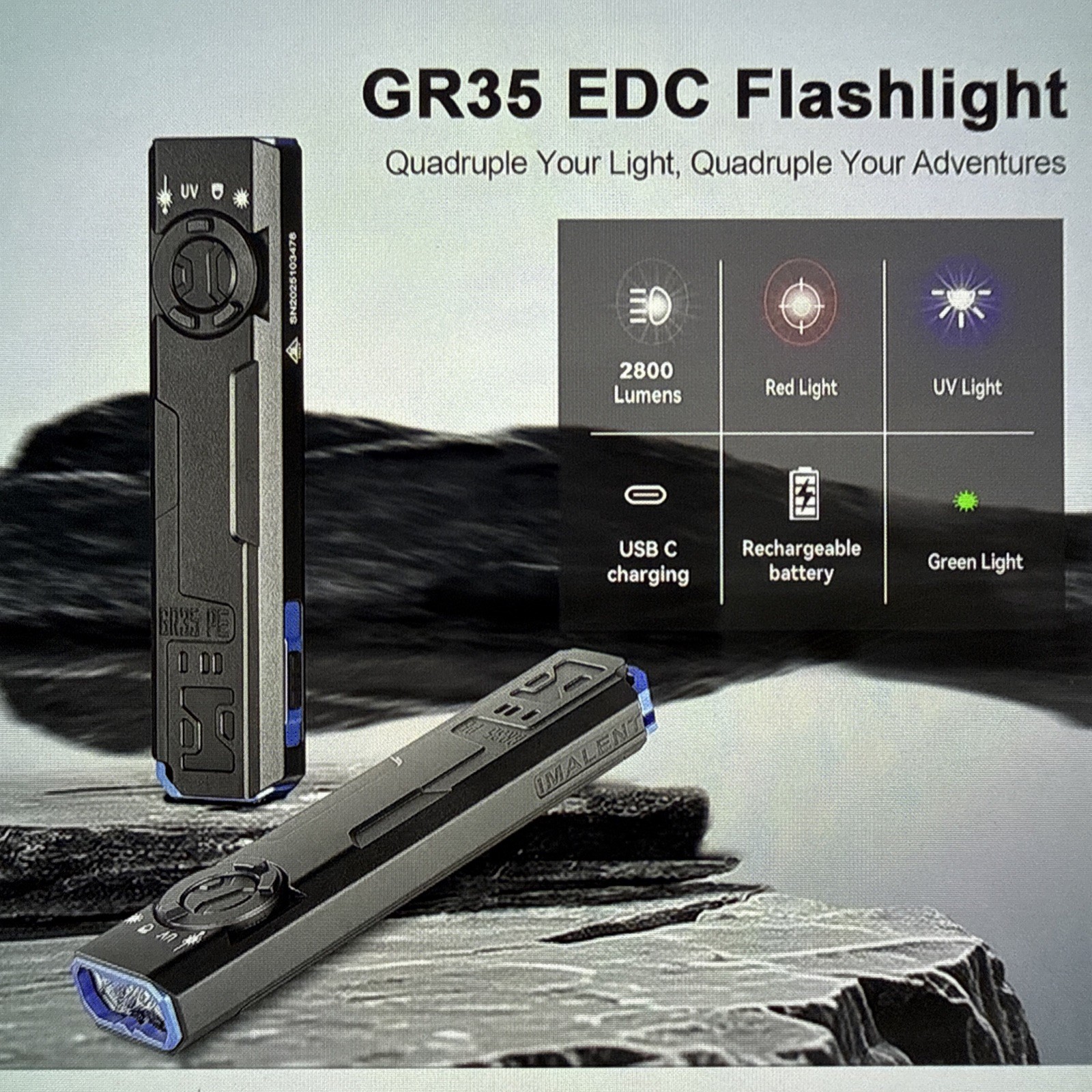 IMALENT GR35 EDC Tactical Flashlight 2800 Lumen Flat Shape UV Light Green Beam