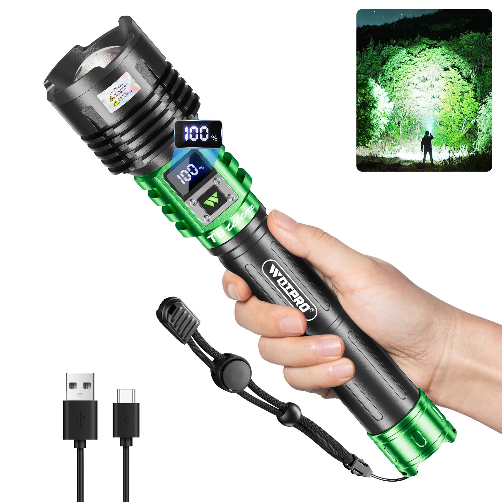 WdtPro Rechargeable LED Flashlights High Lumens, Super Bright 90000LM Green