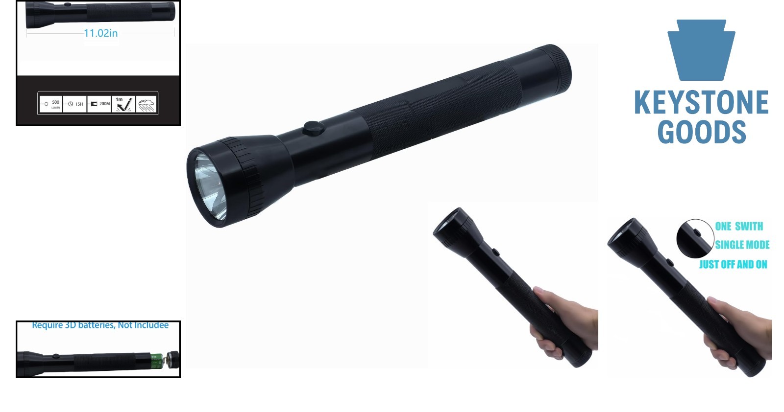 Heavy Duty 3 D Cell LED Flashlight – 500 Lumens, Waterproof, Aluminum Body, 1…