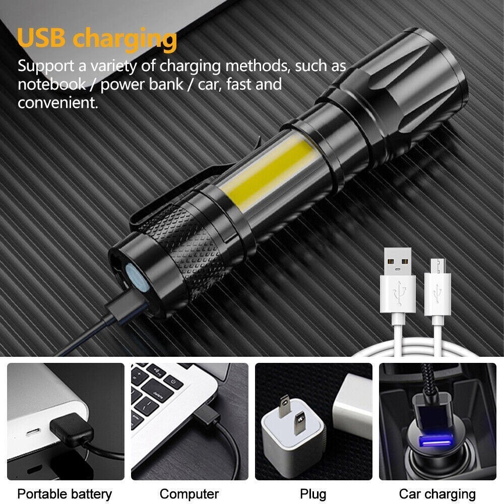 Mini LED Flashlight Torch USB Rechargeable COB Light Zoomable Camping Lamp Torch