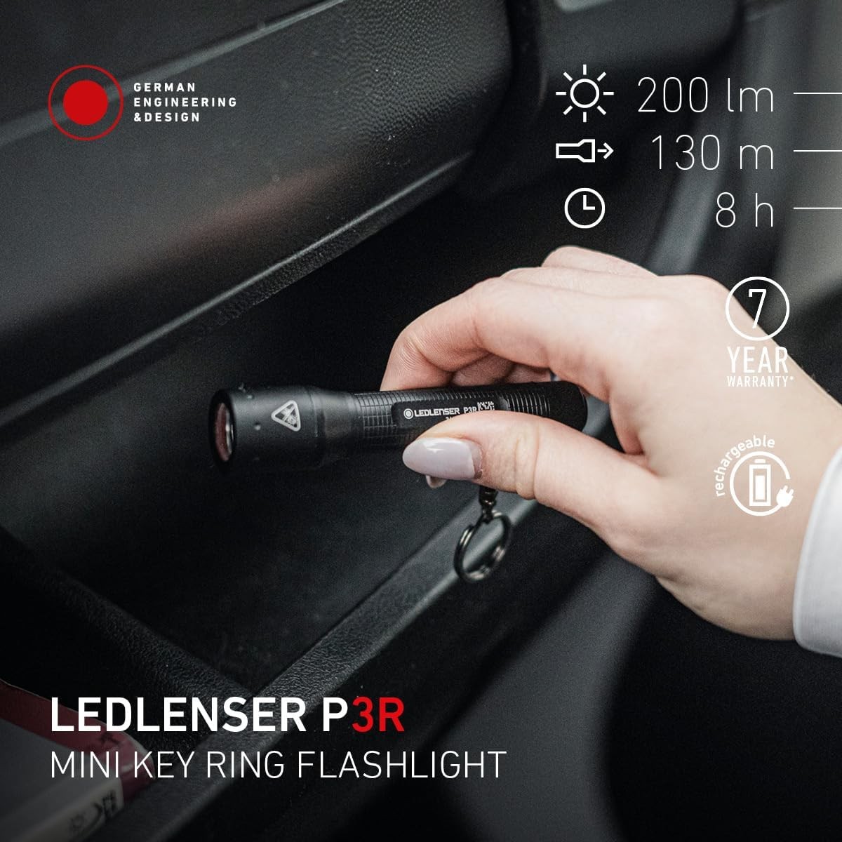 P3R Keychain Flashlight Black Aluminum 41 g 200 Lumens 130 m Beam Distance