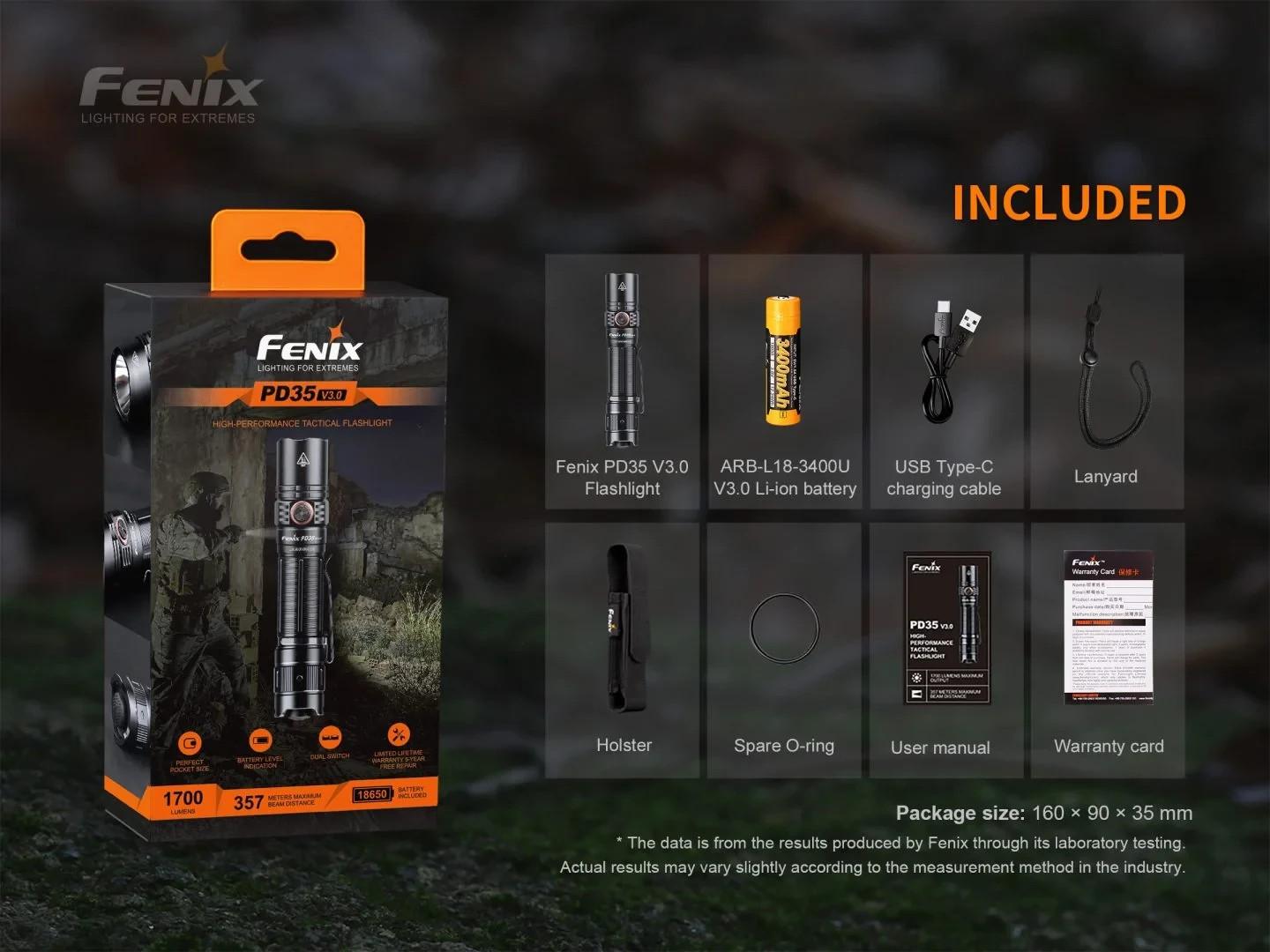 FENIX PD35 V3.0 Flashlight 1700 Lumens 357 Meters IP68 Flashlight Green Color