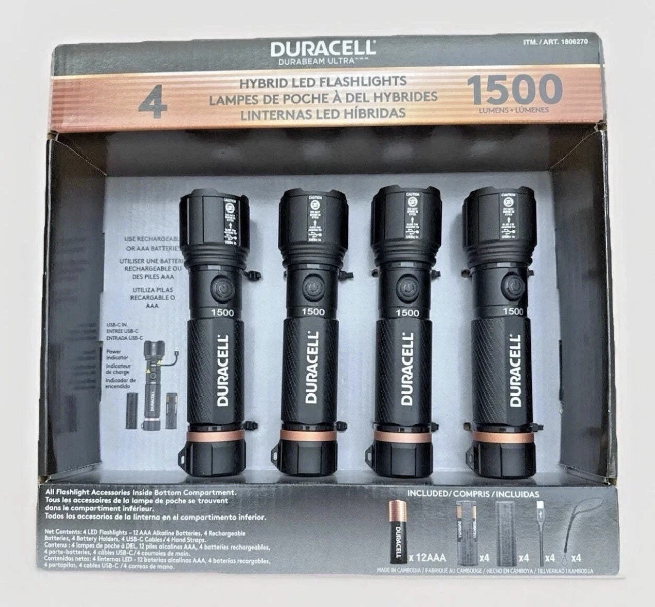 Duracell Durabeam Ultra Hybrid Rechargeable Flashlight 1500 Lumens 4 Pack