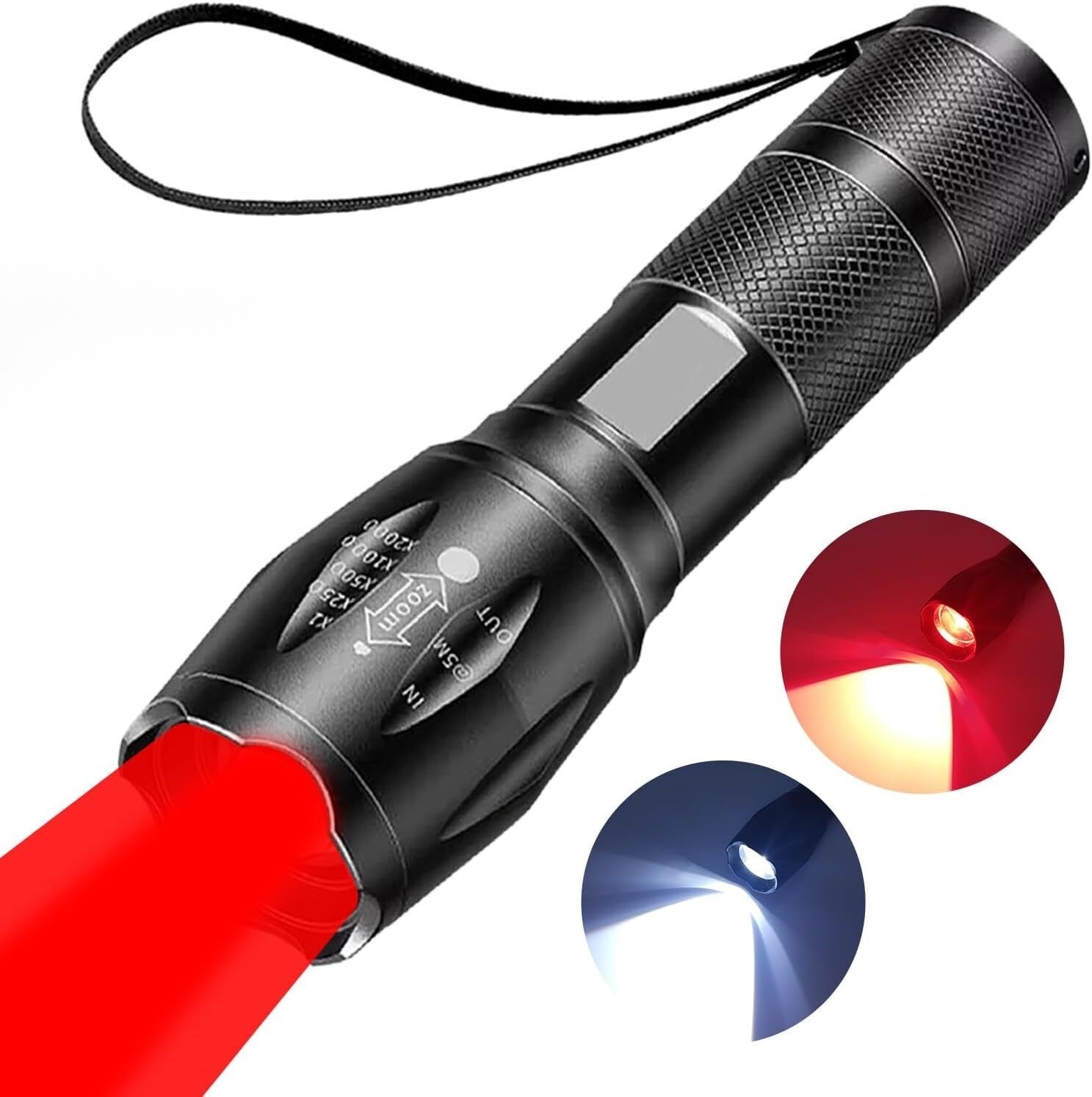 2 IN 1 White Light&Red Light LED Flashlight Zoomable Torch Built-in Battery