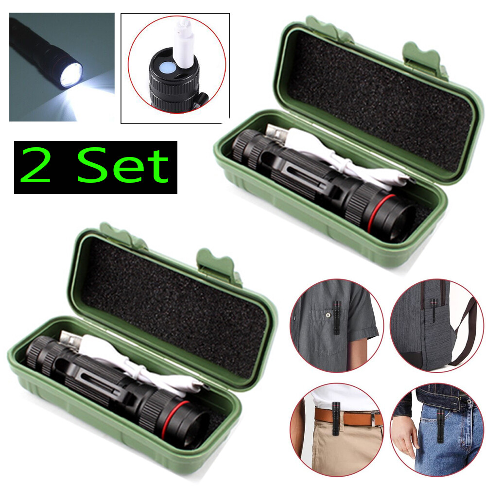 2PCS USB Rechargeable 990000LM Small Mini Tactical Torch 3-Modes Zoom Flashlight
