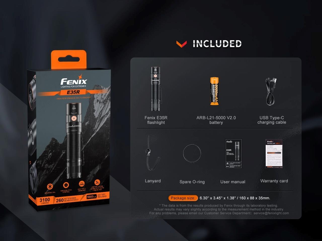 Fenix E35R 3100 Lumen USB Rechargeable LED EDC Flashlight w/battery, cable, case