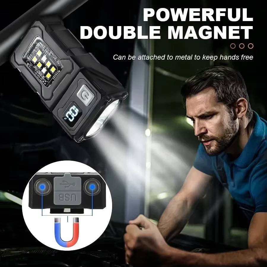 Tactical flashlight, COB LED light with built-in swivel head + USB Type-C magnet