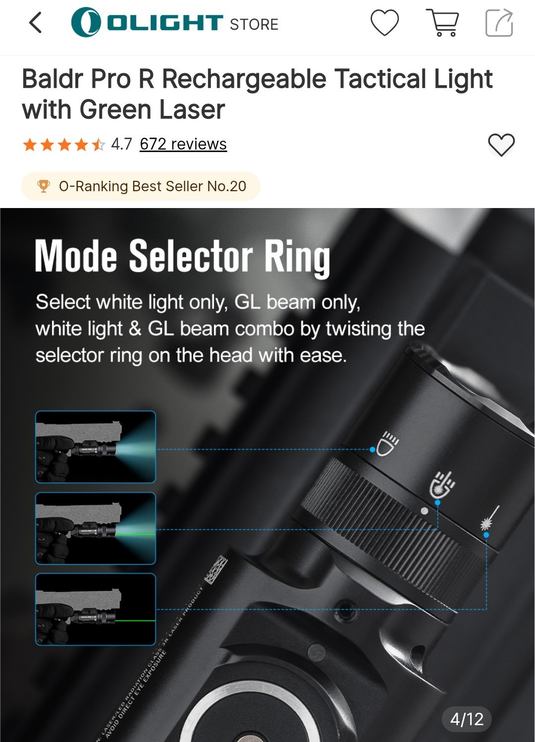 Olight Baldr Pro R Rechargeable Light w/LED & Green Laser, 1350 Lumens