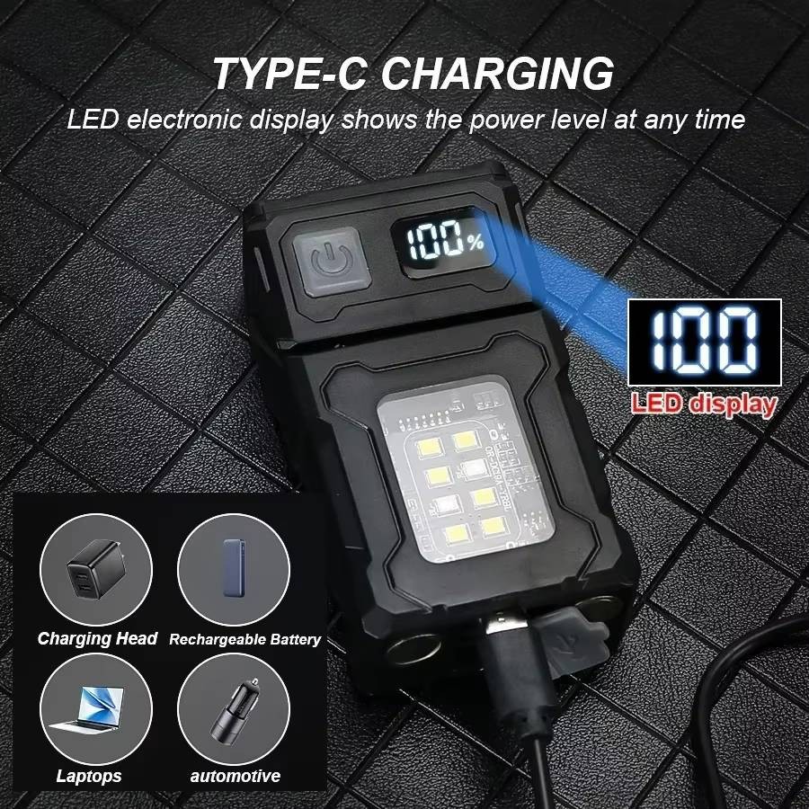 Tactical flashlight, COB LED light with built-in swivel head + USB Type-C magnet