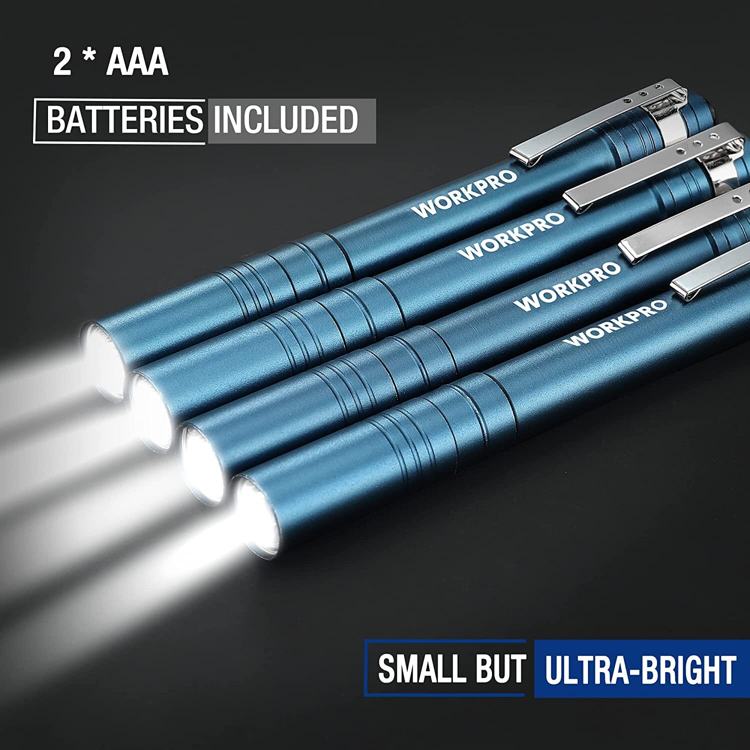 WORKPRO 4-Packs Gray/Blue LED Pen Light Set Pocket Pen Flashlight Penlight Light