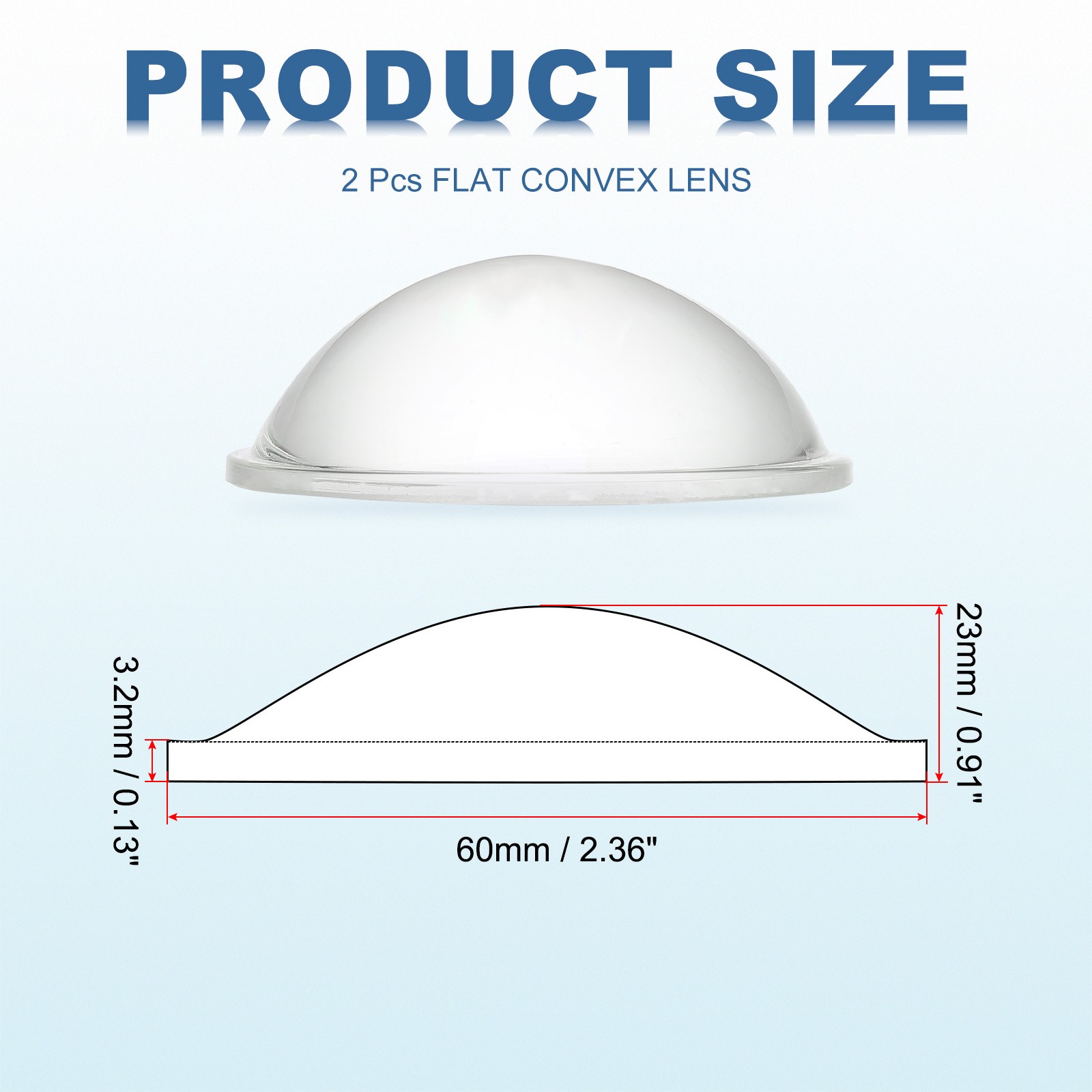 2Pcs Diameter 60mm Flat Convex Lens Height 23mm Optical Lens 3.2mm