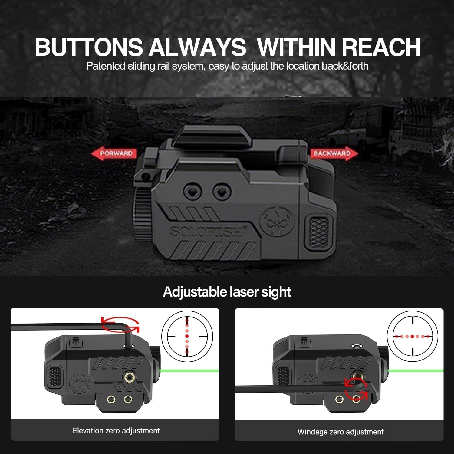 Solofish 500LM Tactical Flashlight Compatible Green Laser Light Combo w/ Strobe