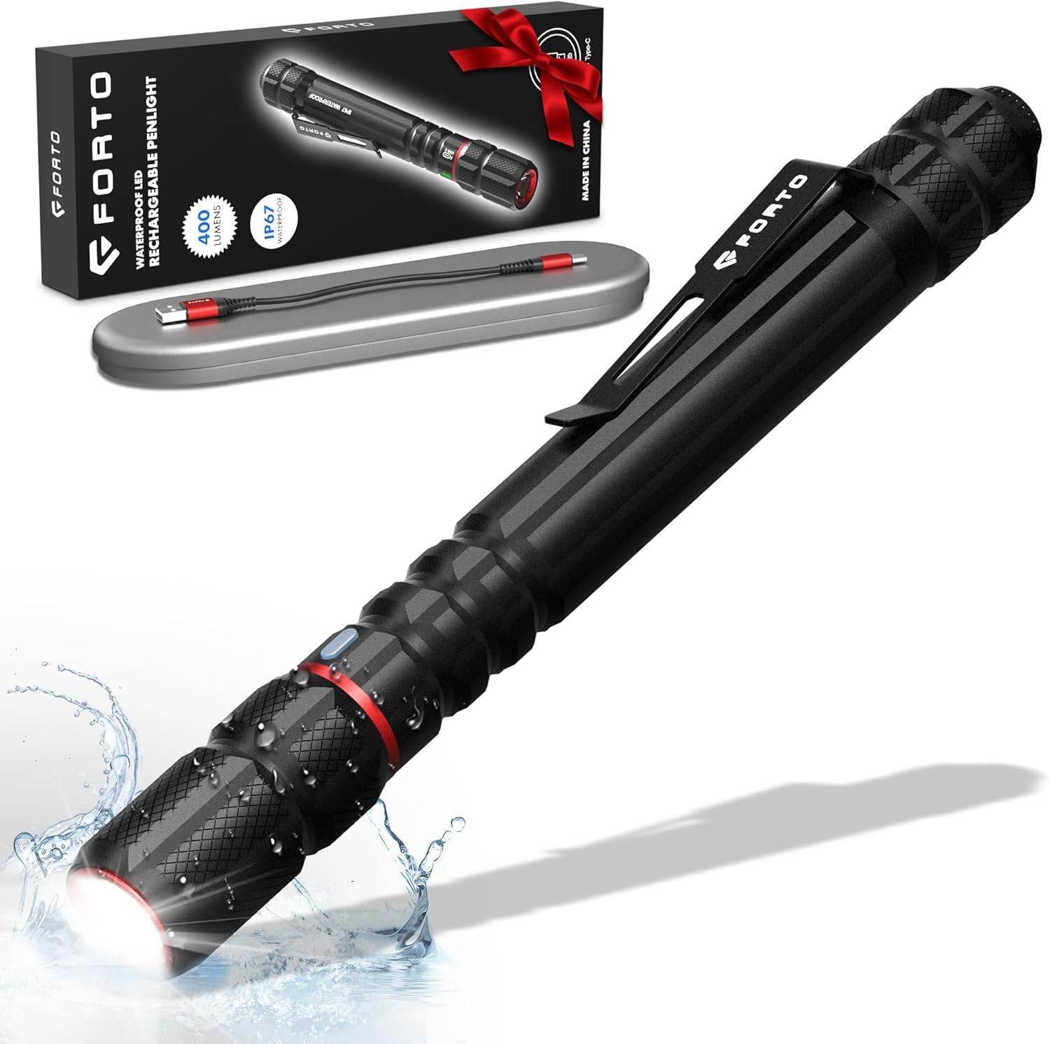 FORTO Rechargeable Pen Light Flashlight, 400 Lumens Small 1 Pack, Black