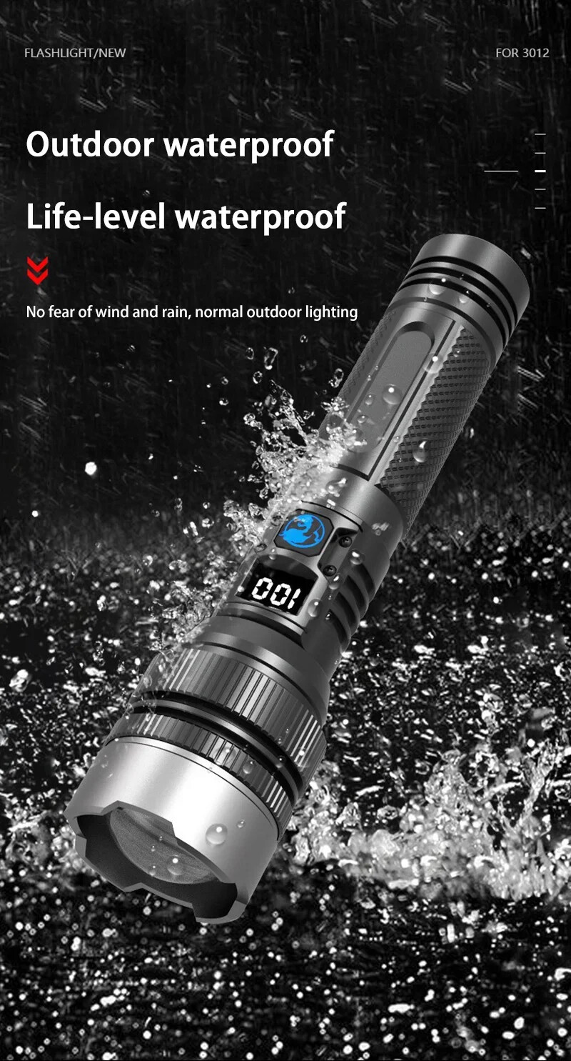 1000000LM LED Flashlight USB Digital Display IPX8 Long Lasting Camping Emergency