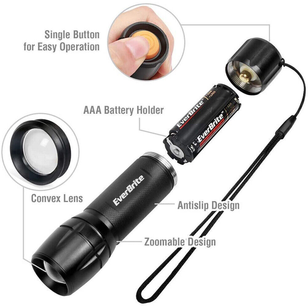 EverBrite 2PC LED Flashlight Zoomable LED Torch High/Low/Strobe 3 Mode w/Battery