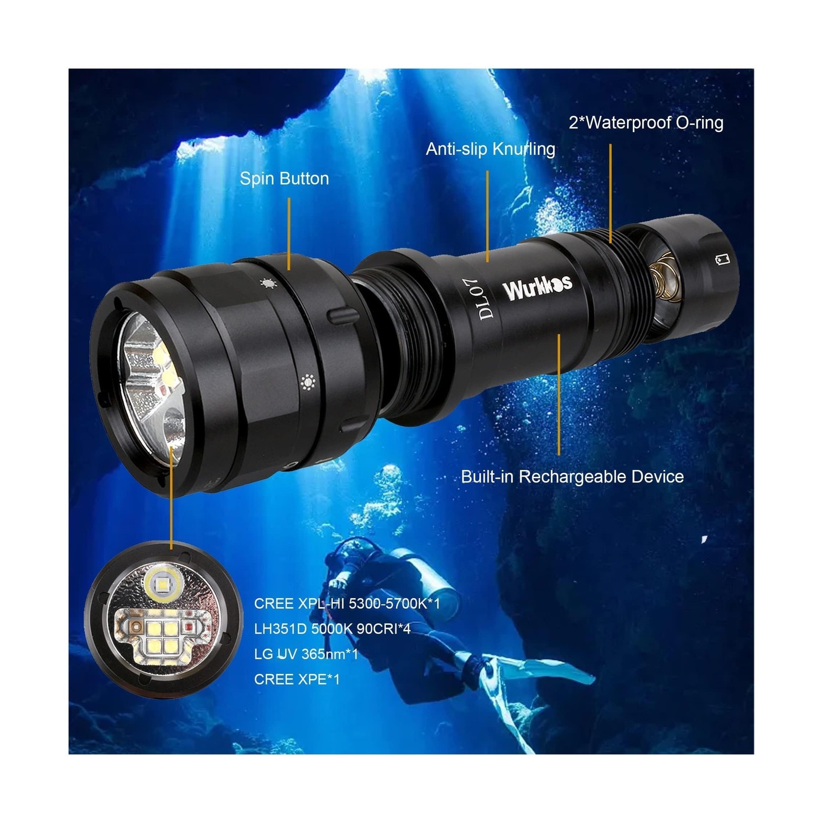Wurkkos DL07 Diving Flashlight Rechargeable Scuba Dive Light, 3000 Lumens Div…
