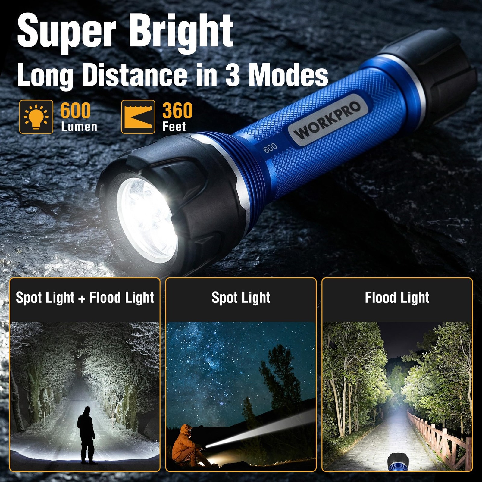 WORKPRO Rechargeable Flashlight High Lumens, IPX7 Aluminum Flash Light | Super B