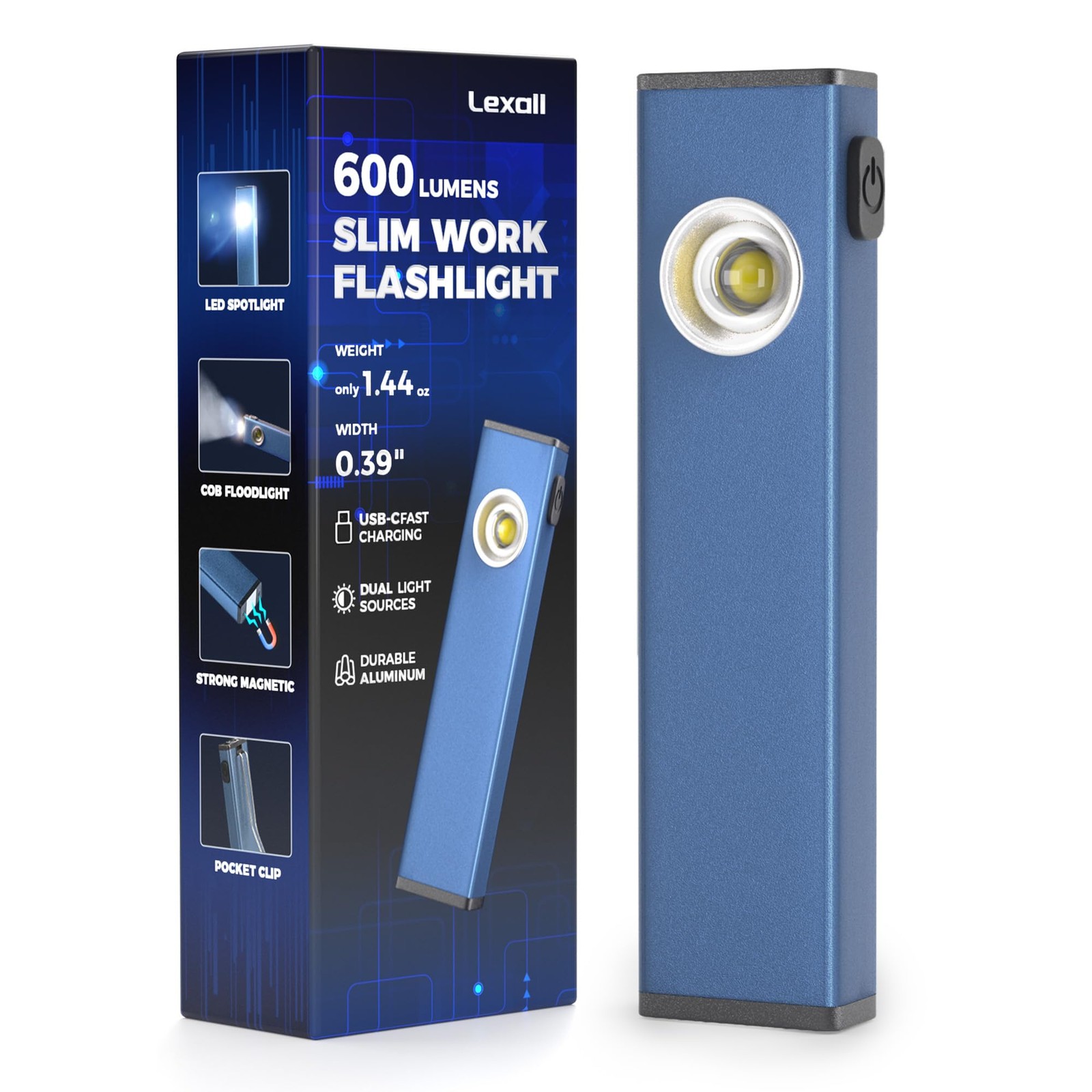 lexall Rechargeable Flashlight, 600 Lumens Portable LED Small, Navy Blue