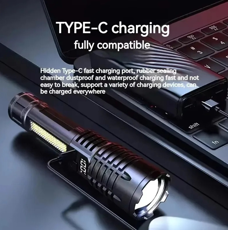 1pc High Power LED Flashlight Rechargeable Type-C Torch with Side Light – NEW