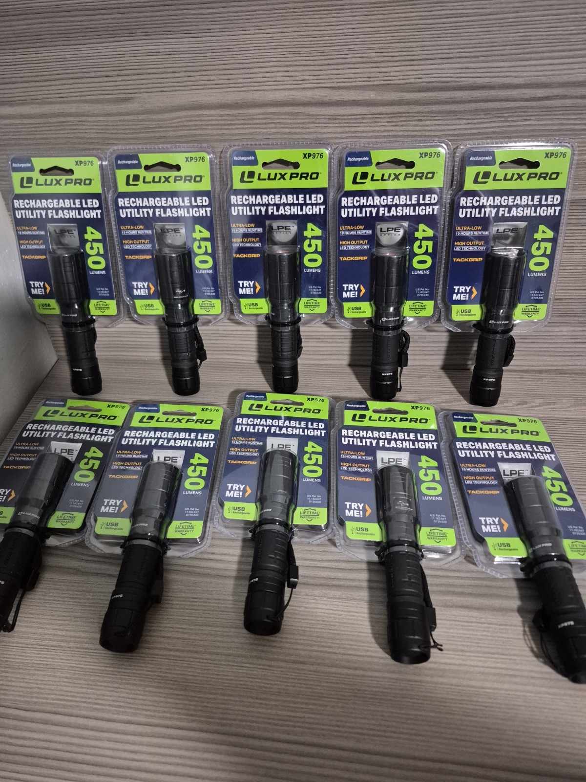 10 Pcs –LUXPRO XP976 Compact Tactical Rechargeable 450 Lumen Flashlight New