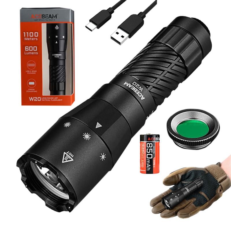 Acebeam W20 LEP Tactical Flashlight with Wide Angle Spill and Green Filter -600