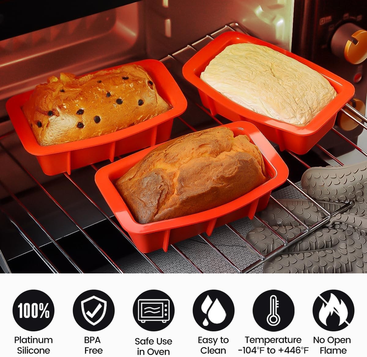 CAKETIME Mini Loaf Pan, Silicone Bread Size:4Pack-5.4×2.7 inch, Red