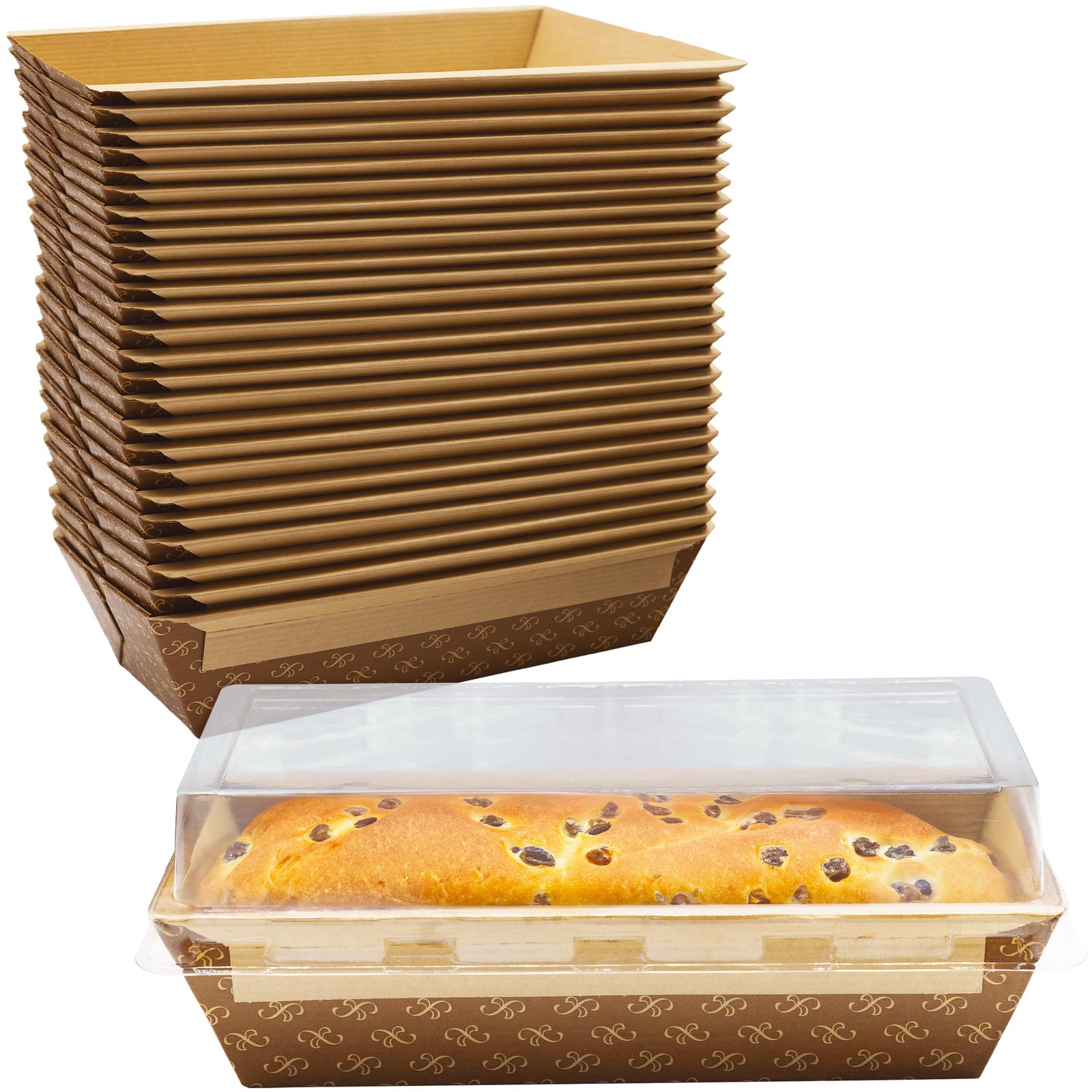 Chef-Grade 1Lb Paper Loaf Pans w/Lids 25 Pk. Elegant 25 Pk, Kraft