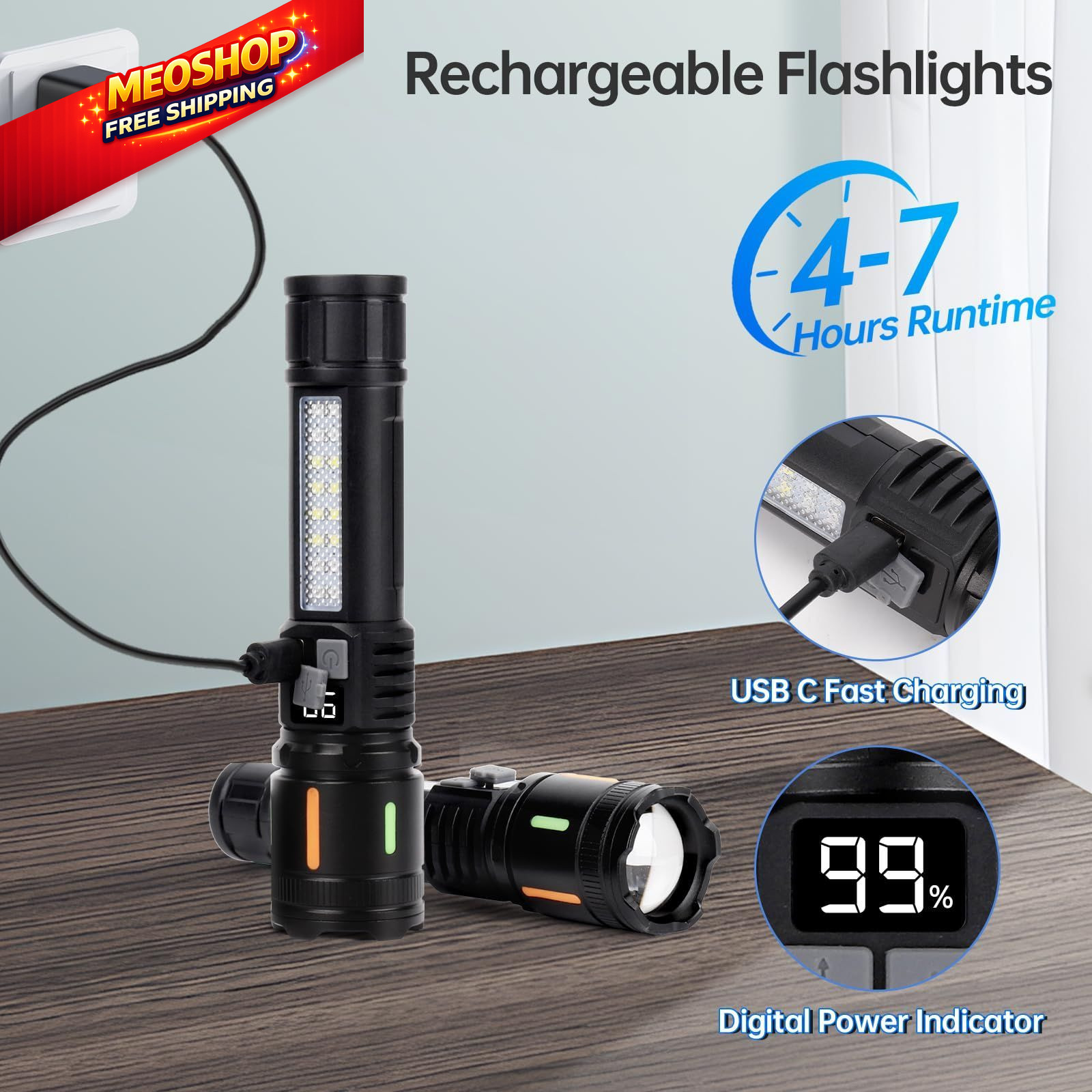Rechargeable Flashlights High Lumens 900,000L (2 Packs), 5 M – 2 Pack, Black