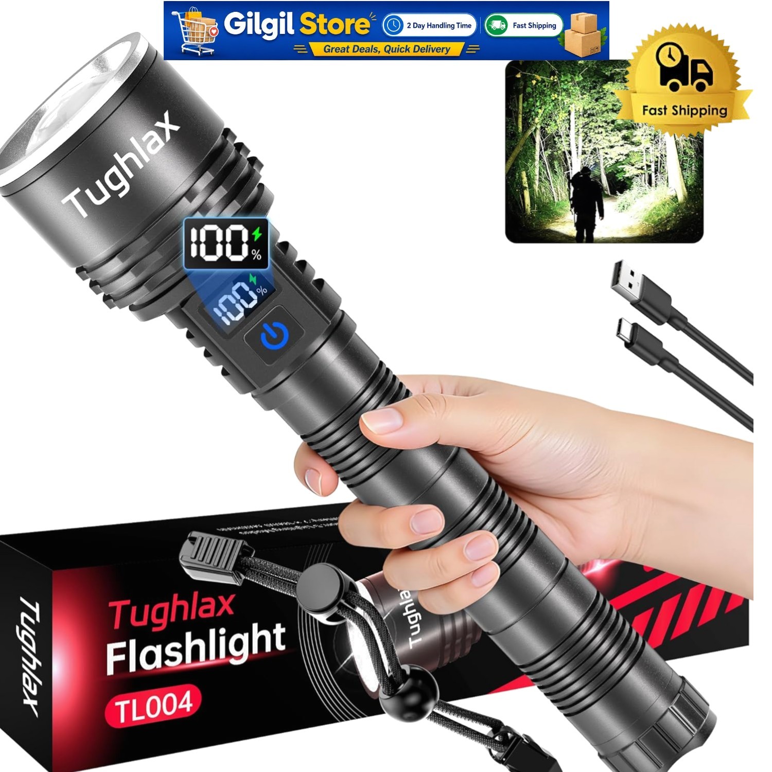 High-Power 90,000 Lumens Rechargeable Flashlight – LCD Display & Compact Design
