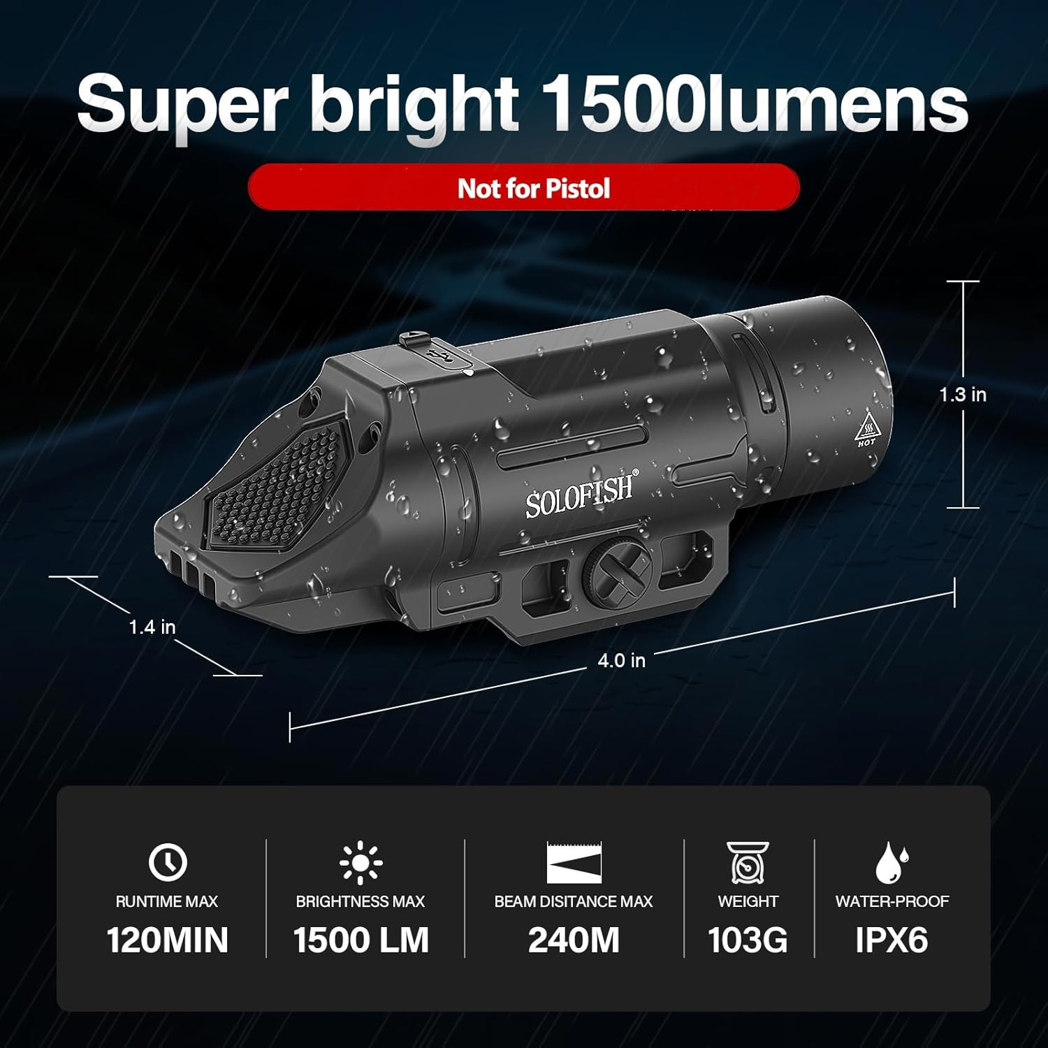 Solofish 1500 Lumen Slidable Tactical Flashlight Compatible with Picatinny 21Mm