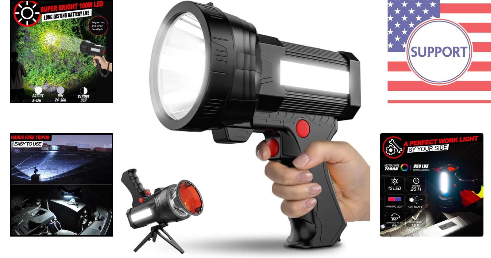 Powerful Waterproof Spotlight with COB Light and Tripod – 20 Hours Runtime