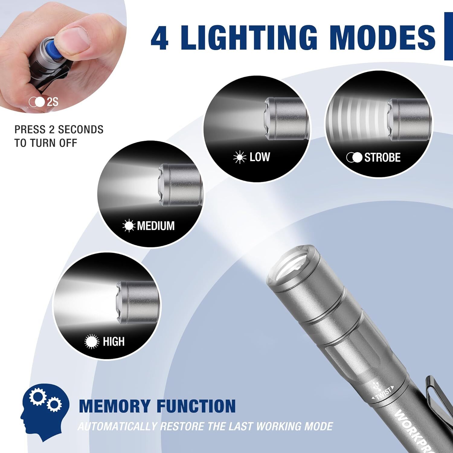 WORKPRO 2PCS Rechargeable Mini Pen Light Flashlight Ultra-Compact EDC Flashlight
