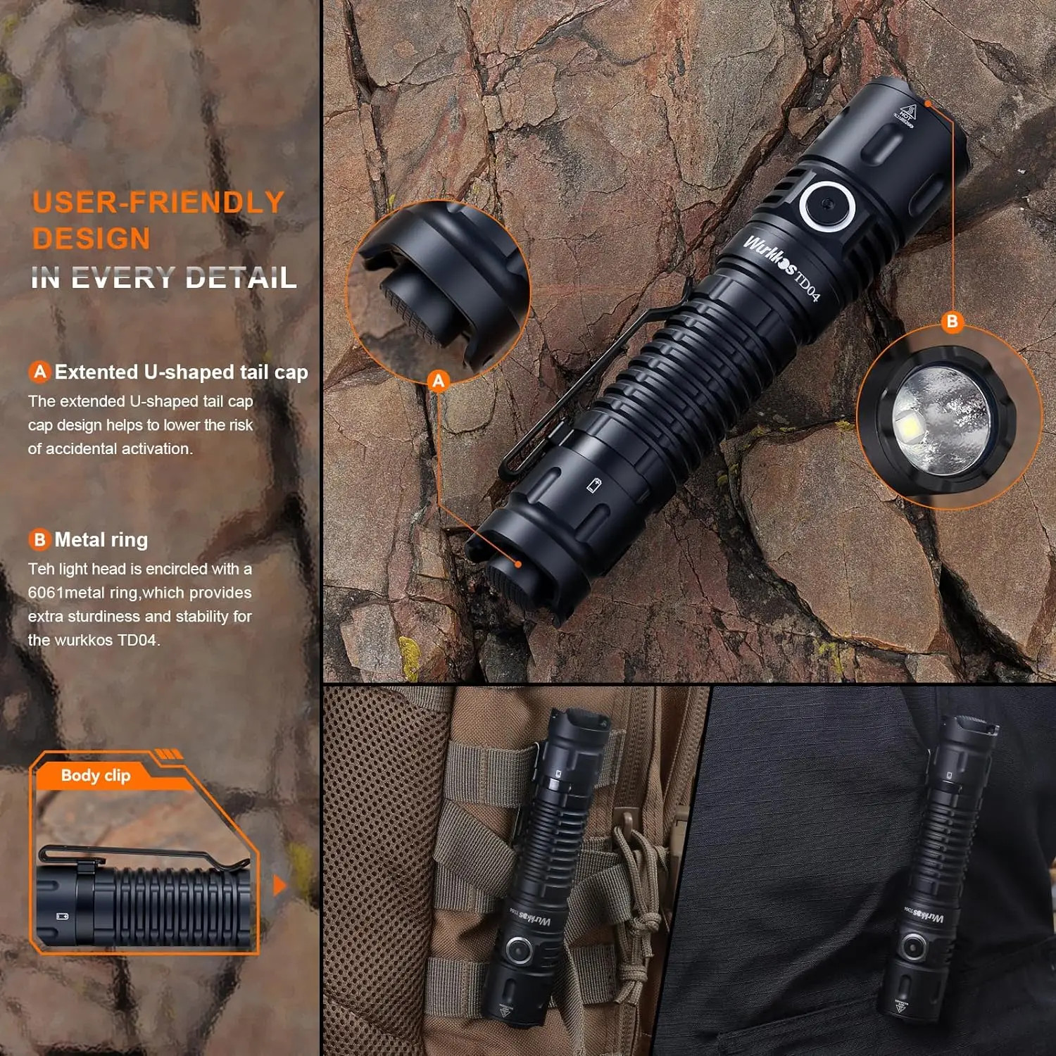 Wurkkos TD04 Flashlight 21700 Rechargeable Dual Mode Tactical Flashlight USB C