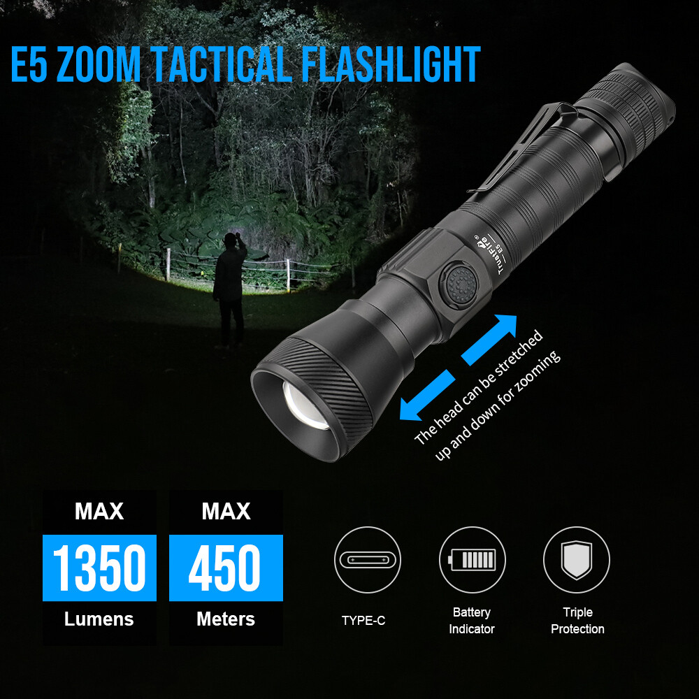 Trustfire E5 1350LM Zoomable Rechargeable Torch 450M Tactical LED Flashlight US