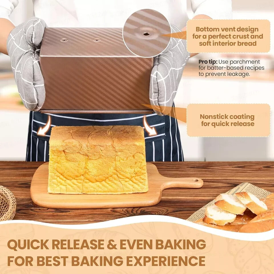 Pullman Loaf Pan with Lid, Premium 1 lb Large, 1LB Dough Capacity, Rose Gold