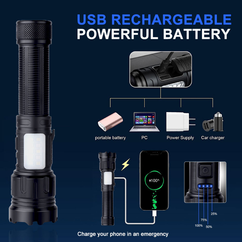Super Bright Portable LED Flashlight USB Rechargeable Zoom Camping Hiking Lamps