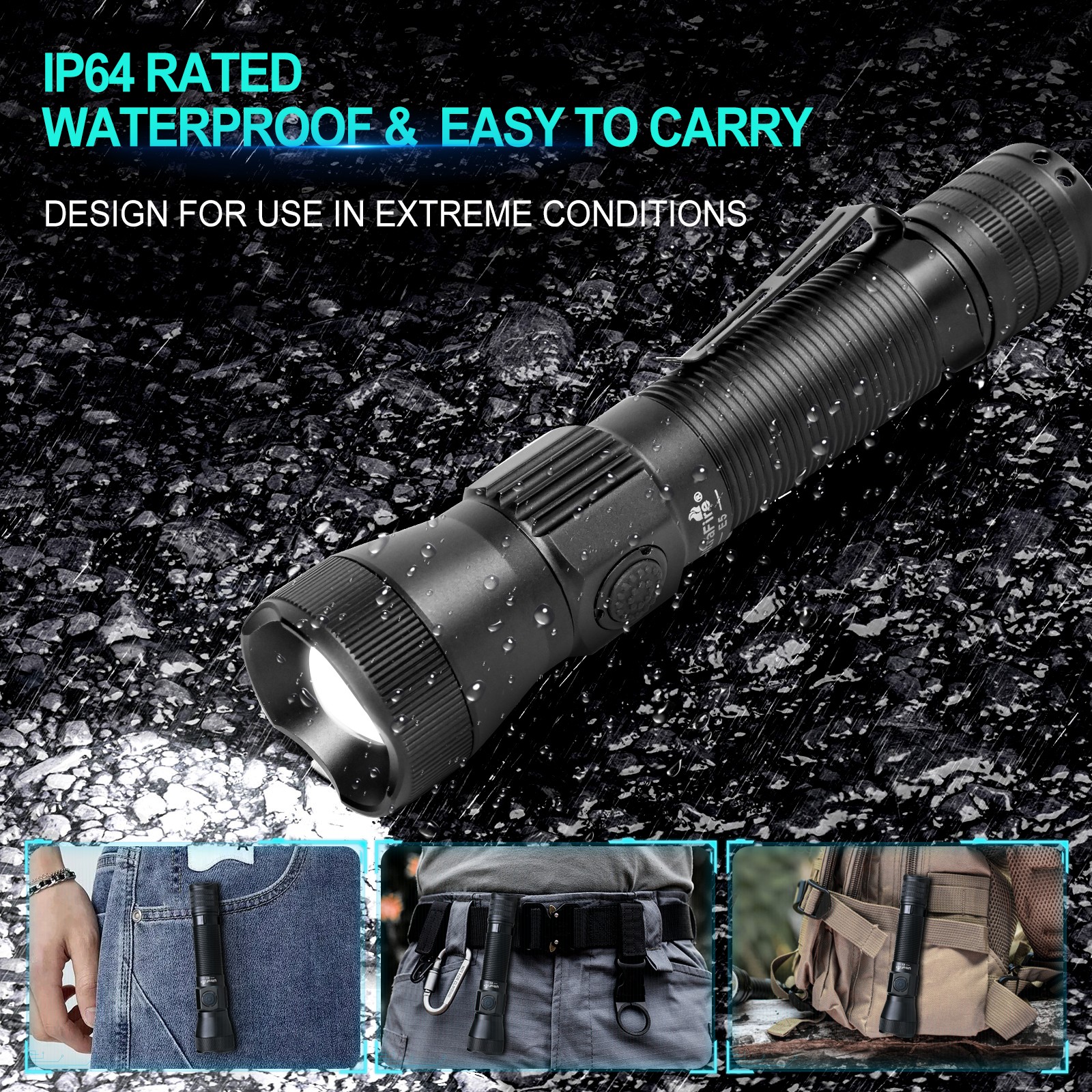 UltraFire E5 1350 Lumens USB-C Rechargeable Tactical Flashlight with Holster