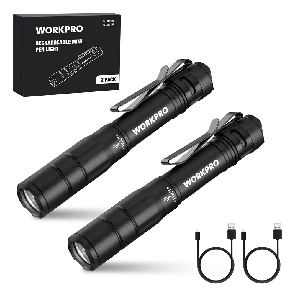 WORKPRO 2Pack Rechargeable Pen Light Handheld Pocket Flashlight 4 Lighting Modes