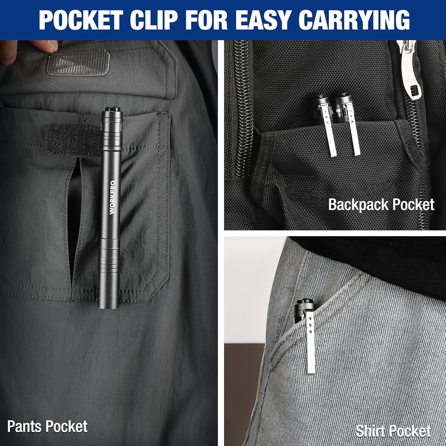 Gray Aluminum LED Pen Light with Clip Pocket Handheld Mini Flashlight