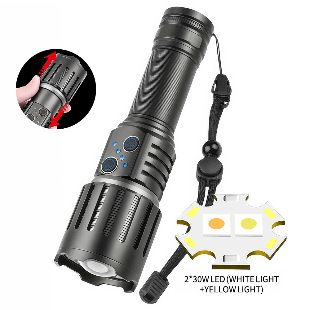 Flashlight Super Bright White+Yellow Light LED Zoom Type-C USB Camping Hiking