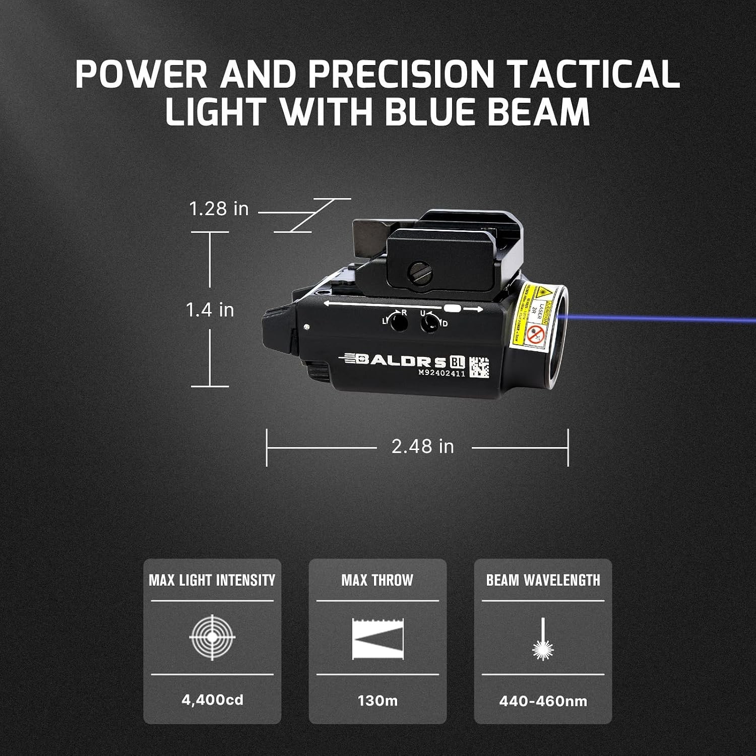 Lightweight Baldr S 800 Lumens Tactical Light: Rechargeable Blue & White LEDs