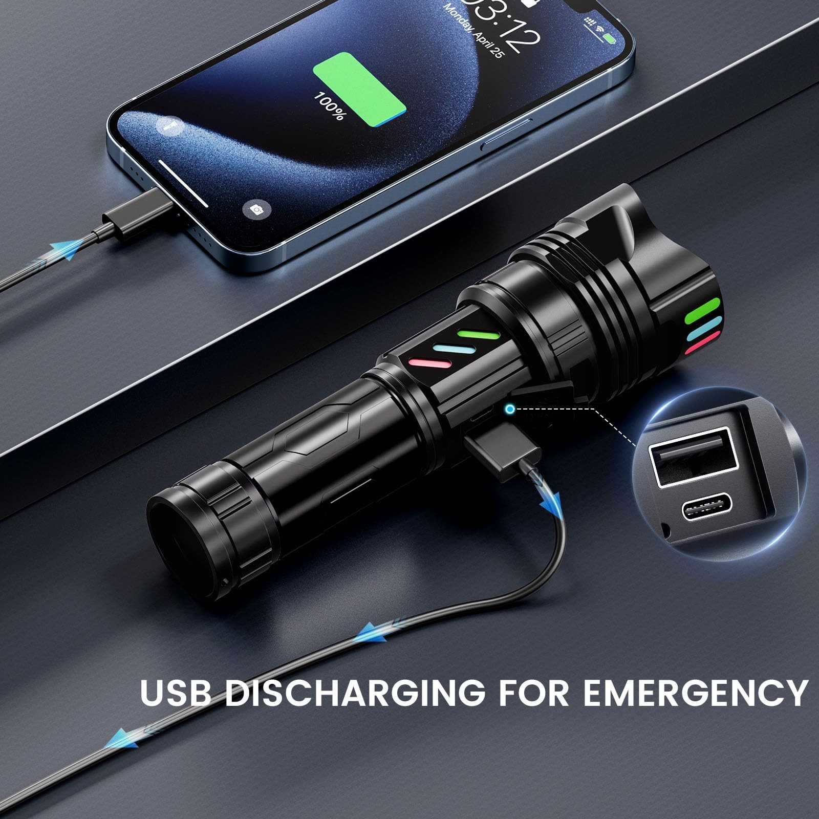 High Lumens Rechargeable Flashlight 100000 LED, 15H Runtime, 3280ft Range, Adjus