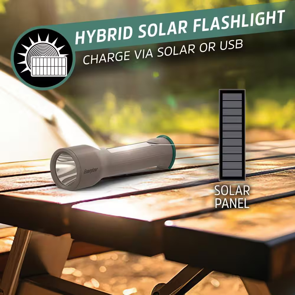 Hybrid Solar Flashlight with Built-In USB Power Bank, 600 Lumen