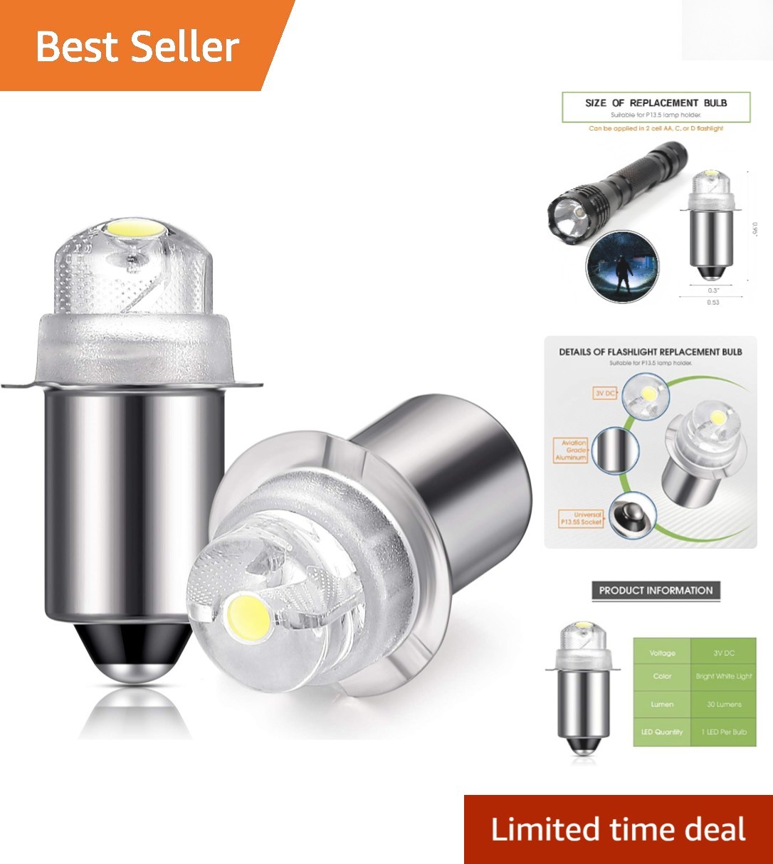 Bright 30 Lumen 3-Volt LED Replacement Bulbs – 10 Lifespan (Pack of 2)