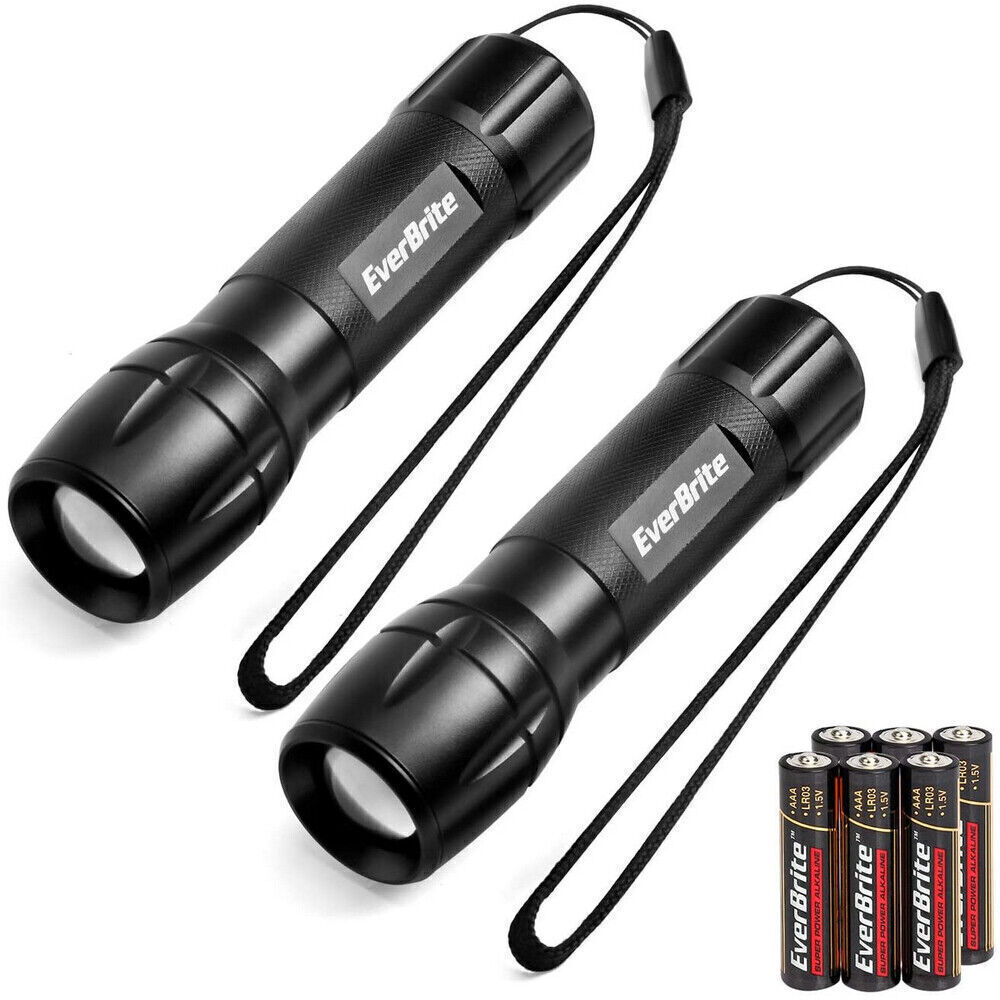 EverBrite 2PC LED Flashlight Zoomable LED Torch High/Low/Strobe 3 Mode w/Battery