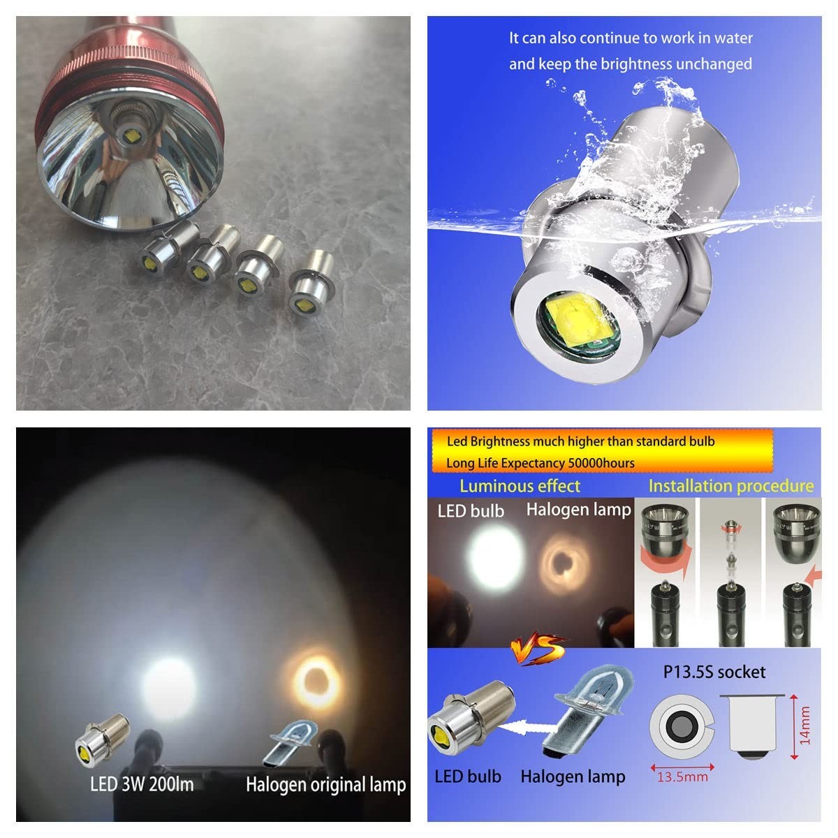 LED Conversion Kit for Maglite – 2-4 Cell Replacement Bulbs, 3V/4.5V/6V, 4-Pack